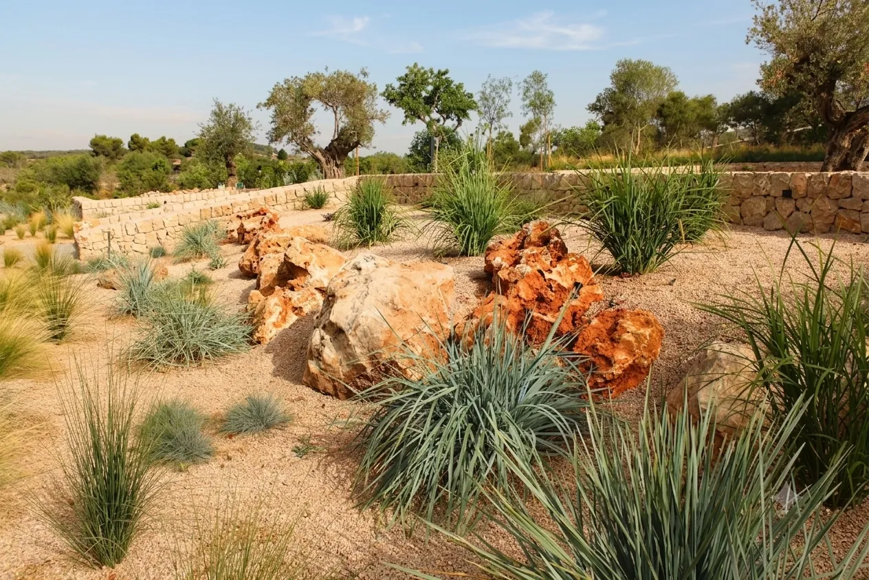 Sustainable Mediterranean garden with lavender and cypress trees near the country house