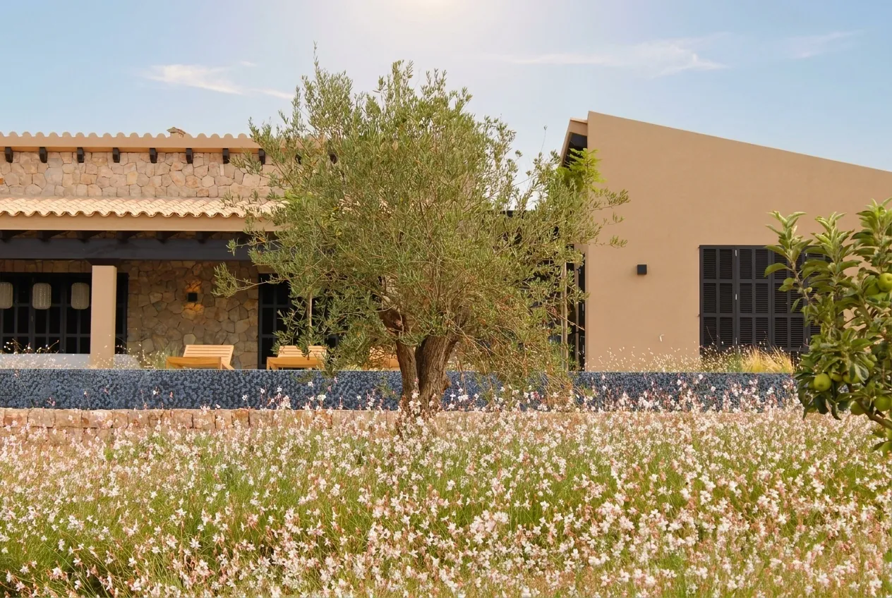 Traditional dry stone walls integrated with Mediterranean grasses and shrubs in Sant Llorenç