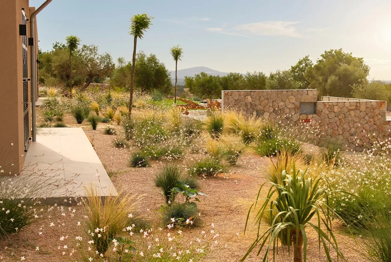 Symmetric Cypress line and mixed lavender beds framing the pathway of the Mallorca estate