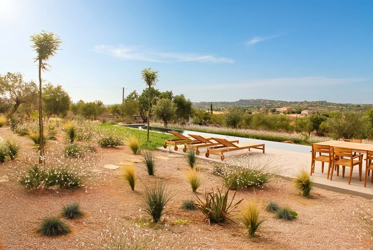 Cottage-style country villa pathway lined with rosemary and wild lavender in Mallorca