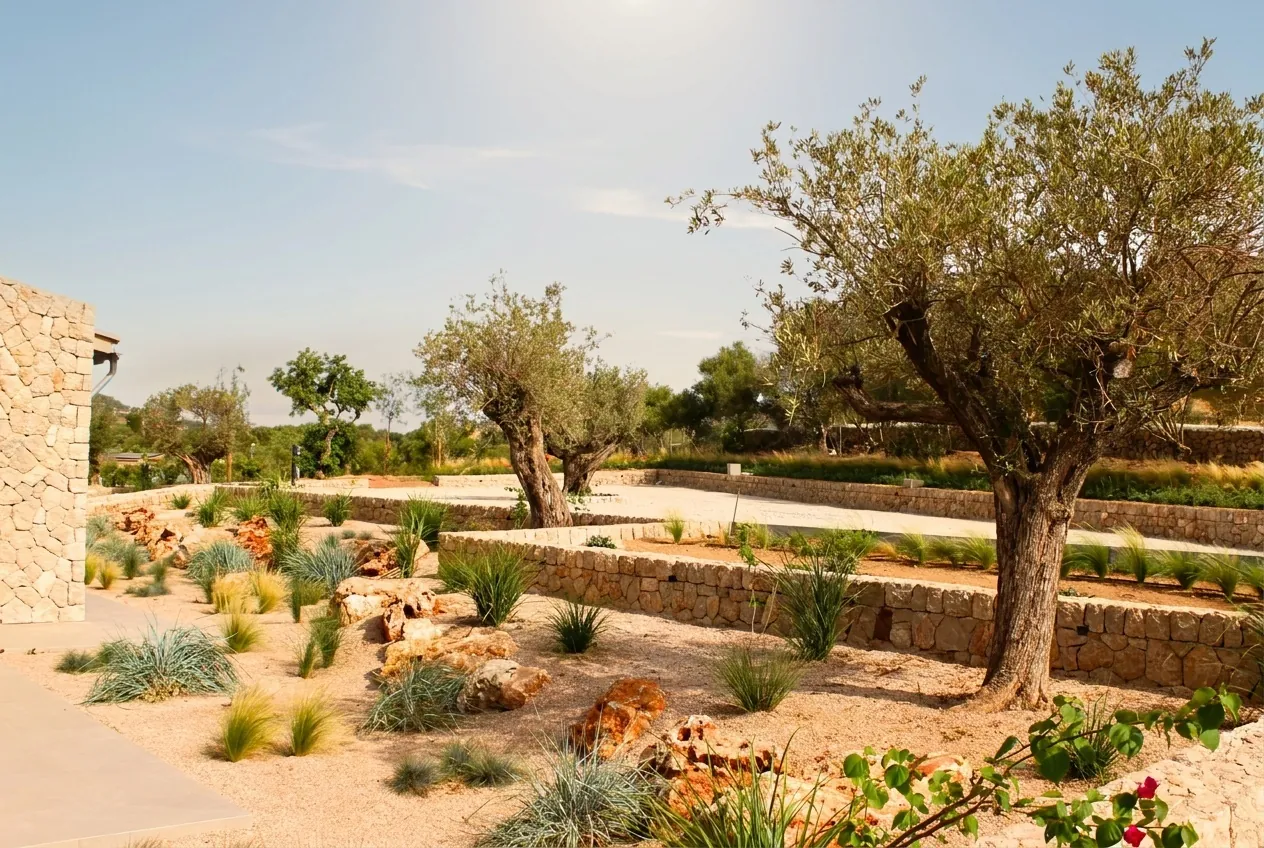 Outdoor relaxation area surrounded by drought-tolerant ornamental plants in Sant Llorenç