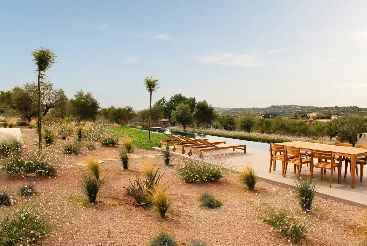 Finca landscape design featuring low-maintenance xeriscape garden beds in Mallorca