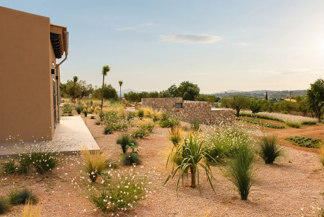 Earthy pathways lined with local gravel and bordered by robust Mediterranean plants