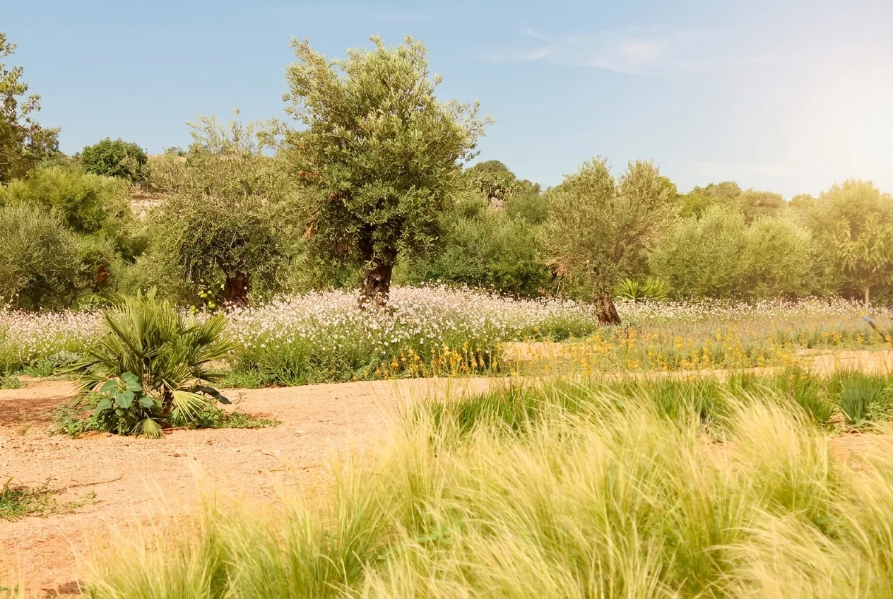 Elegantly pruned olive tree acting as a sculptural focus point in the landscape design