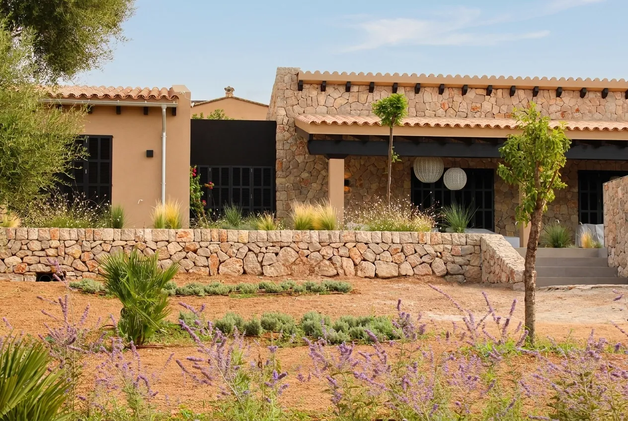 Estate garden design in Mallorca with native drought-resistant flora and dry stone masonry